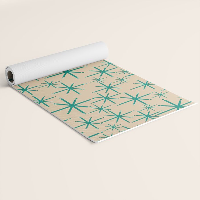 Stella 2 - Atomic Age Starbursts - Midcentury Modern Pattern in Turquoise Teal and Mid Mod Beige Yoga Mat Gallery Image 2
