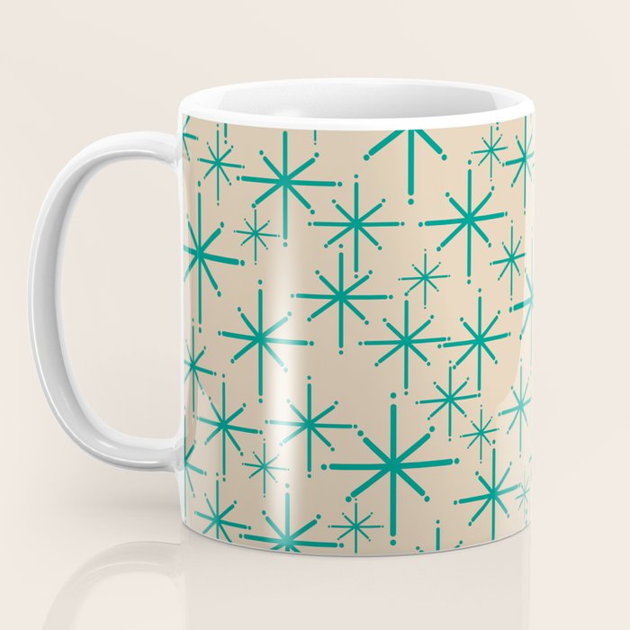 Stella 2 - Atomic Age Starbursts - Midcentury Modern Pattern in Turquoise Teal and Mid Mod Beige Coffee Mug Gallery Image 3