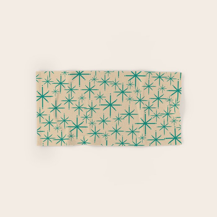 Stella 2 - Atomic Age Starbursts - Midcentury Modern Pattern in Turquoise Teal and Mid Mod Beige Bath Towel Gallery Image 1
