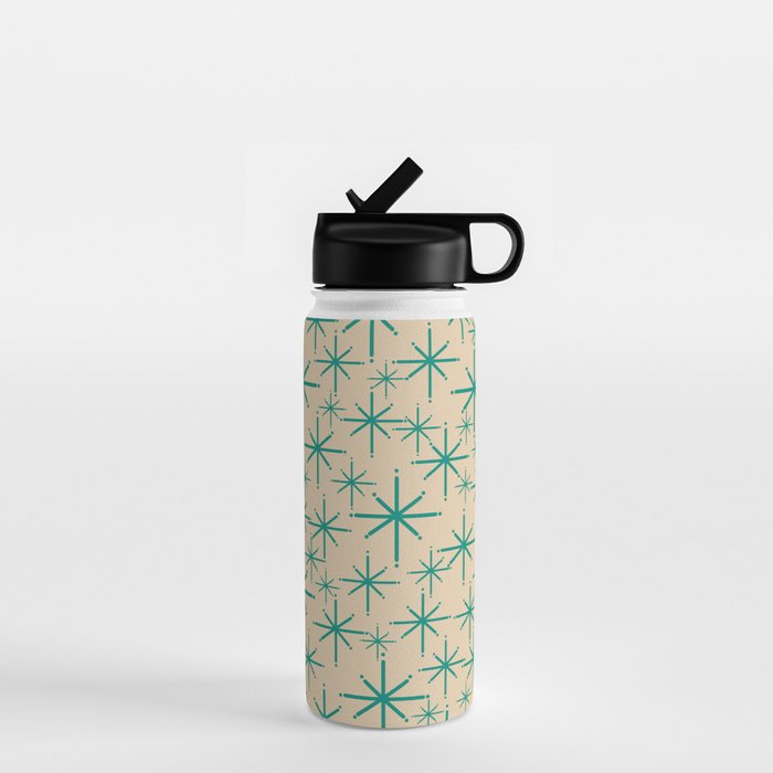 Stella 2 - Atomic Age Starbursts - Midcentury Modern Pattern in Turquoise Teal and Mid Mod Beige Water Bottle Gallery Image 1
