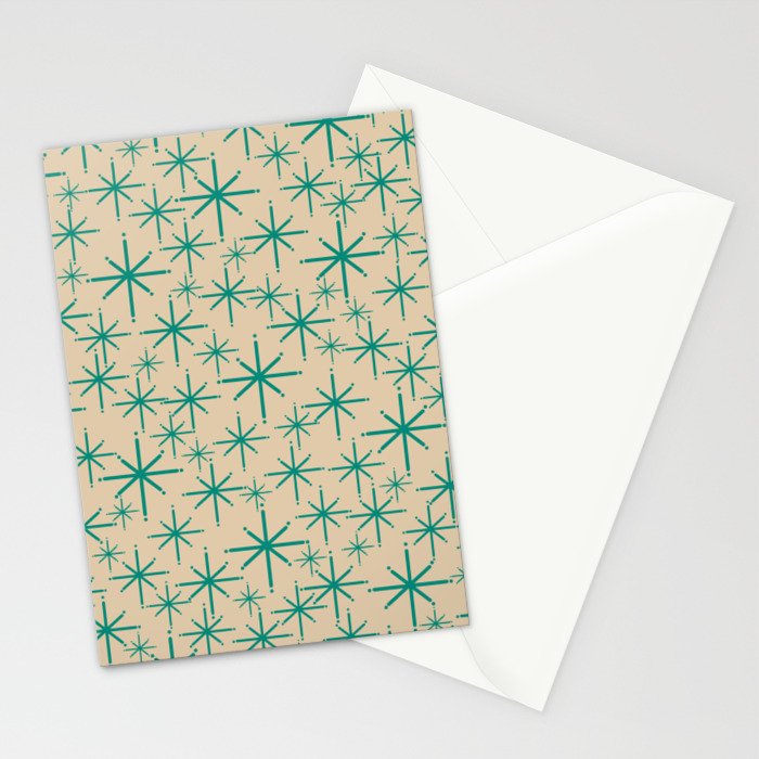 Stella 2 - Atomic Age Starbursts - Midcentury Modern Pattern in Turquoise Teal and Mid Mod Beige Stationery Card Gallery Image 2
