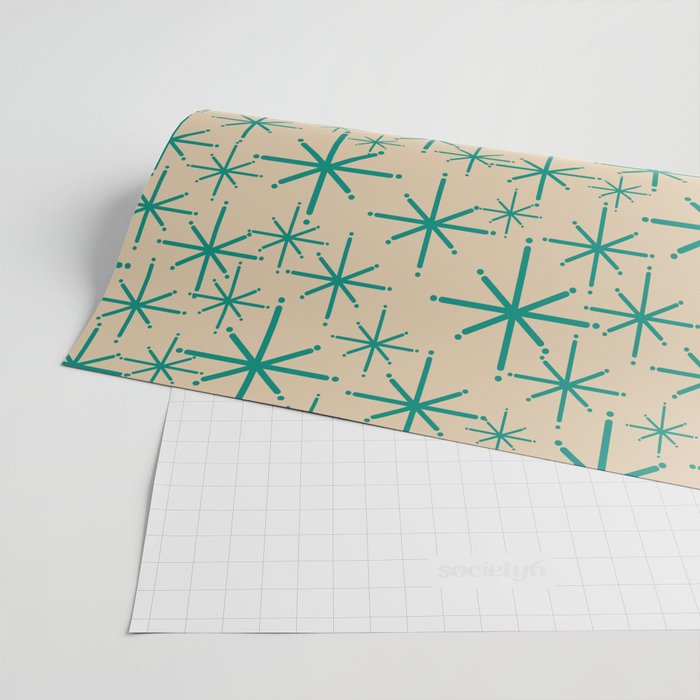Stella 2 - Atomic Age Starbursts - Midcentury Modern Pattern in Turquoise Teal and Mid Mod Beige Wrapping Paper Gallery Image 2