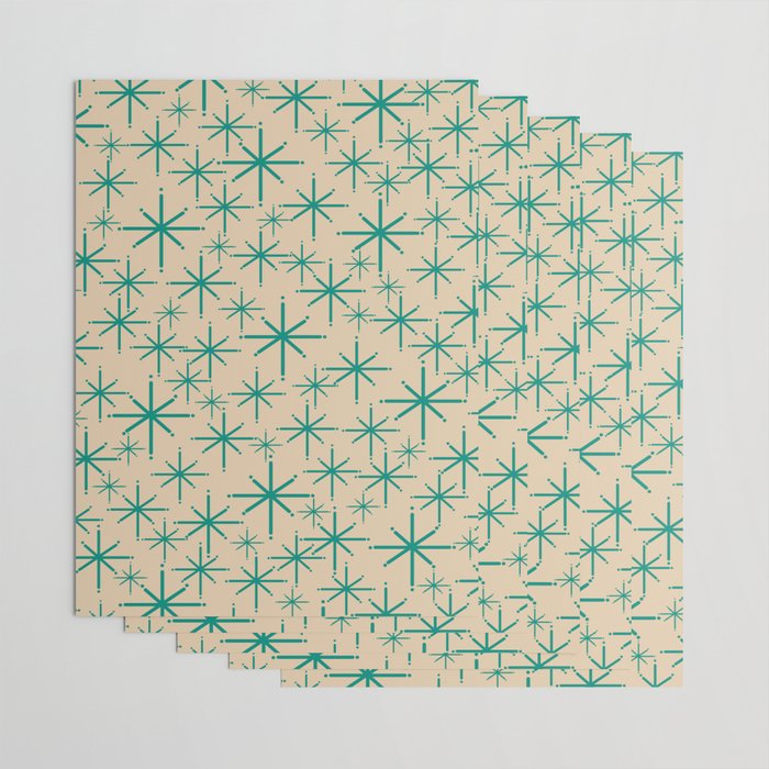 Stella 2 - Atomic Age Starbursts - Midcentury Modern Pattern in Turquoise Teal and Mid Mod Beige Wrapping Paper Gallery Image 3