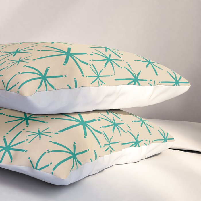 Stella 2 - Atomic Age Starbursts - Midcentury Modern Pattern in Turquoise Teal and Mid Mod Beige Pillow Sham Gallery Image 3