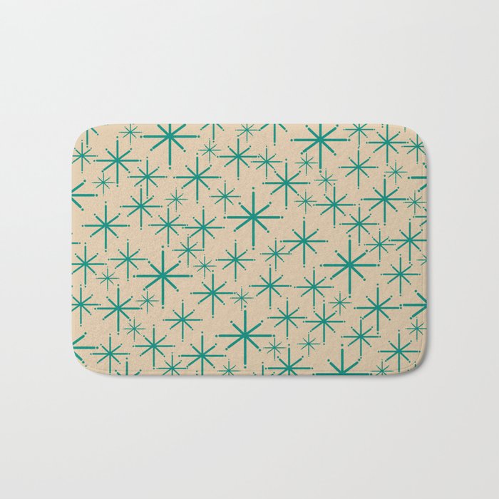 Stella 2 - Atomic Age Starbursts - Midcentury Modern Pattern in Turquoise Teal and Mid Mod Beige Bath Mat Gallery Image 1