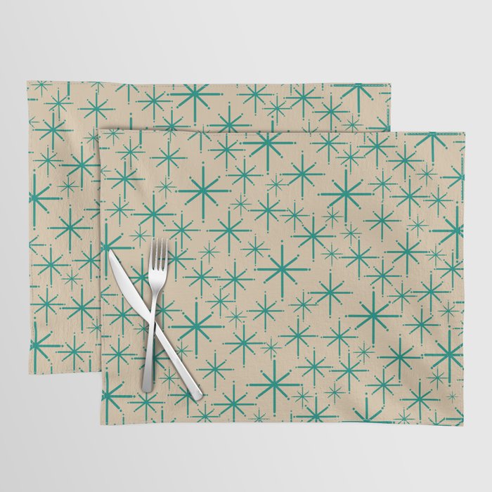 Stella 2 - Atomic Age Starbursts - Midcentury Modern Pattern in Turquoise Teal and Mid Mod Beige Placemat Gallery Image 1