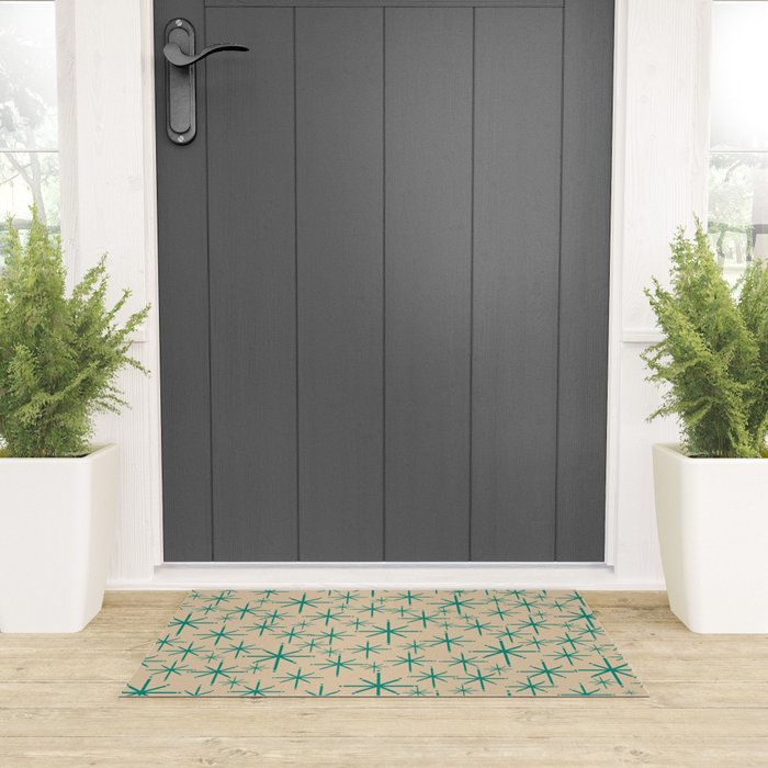 Stella 2 - Atomic Age Starbursts - Midcentury Modern Pattern in Turquoise Teal and Mid Mod Beige Welcome Mat Gallery Image 3