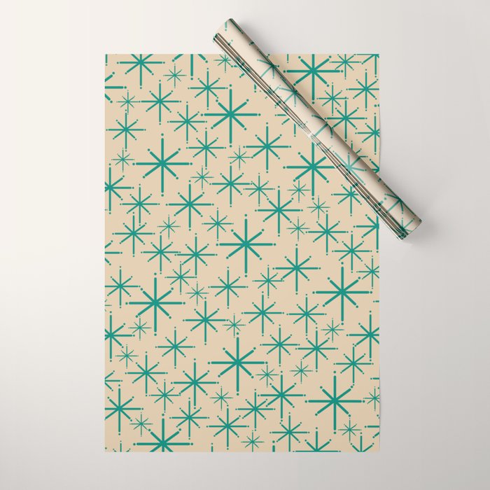 Stella 2 - Atomic Age Starbursts - Midcentury Modern Pattern in Turquoise Teal and Mid Mod Beige Wrapping Paper Gallery Image 1