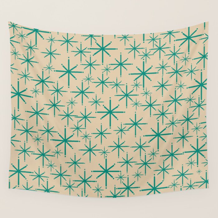 Stella 2 - Atomic Age Starbursts - Midcentury Modern Pattern in Turquoise Teal and Mid Mod Beige Wall Tapestry Gallery Image 4