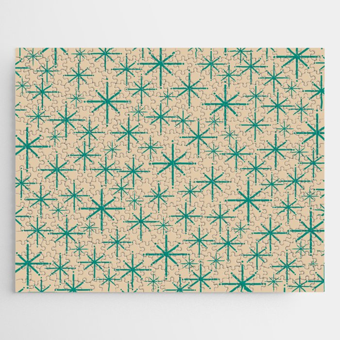 Stella 2 - Atomic Age Starbursts - Midcentury Modern Pattern in Turquoise Teal and Mid Mod Beige Jigsaw Puzzle Gallery Image 1