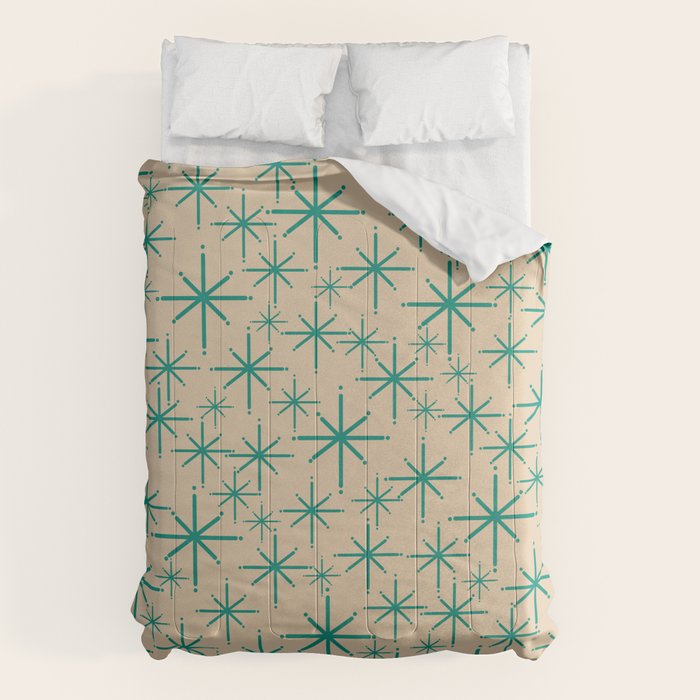 Stella 2 - Atomic Age Starbursts - Midcentury Modern Pattern in Turquoise Teal and Mid Mod Beige Comforter Gallery Image 6
