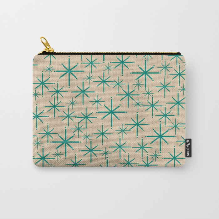 Stella 2 - Atomic Age Starbursts - Midcentury Modern Pattern in Turquoise Teal and Mid Mod Beige Carry All Pouch Gallery Image 1