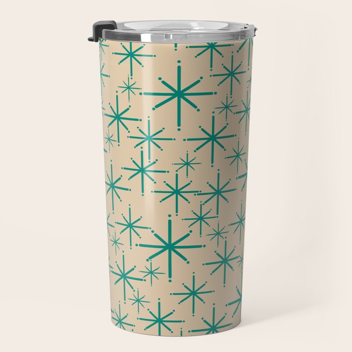 Stella 2 - Atomic Age Starbursts - Midcentury Modern Pattern in Turquoise Teal and Mid Mod Beige Travel Mug Gallery Image 3