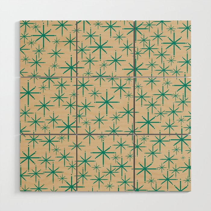 Stella 2 - Atomic Age Starbursts - Midcentury Modern Pattern in Turquoise Teal and Mid Mod Beige Wood Wall Art Gallery Image 1