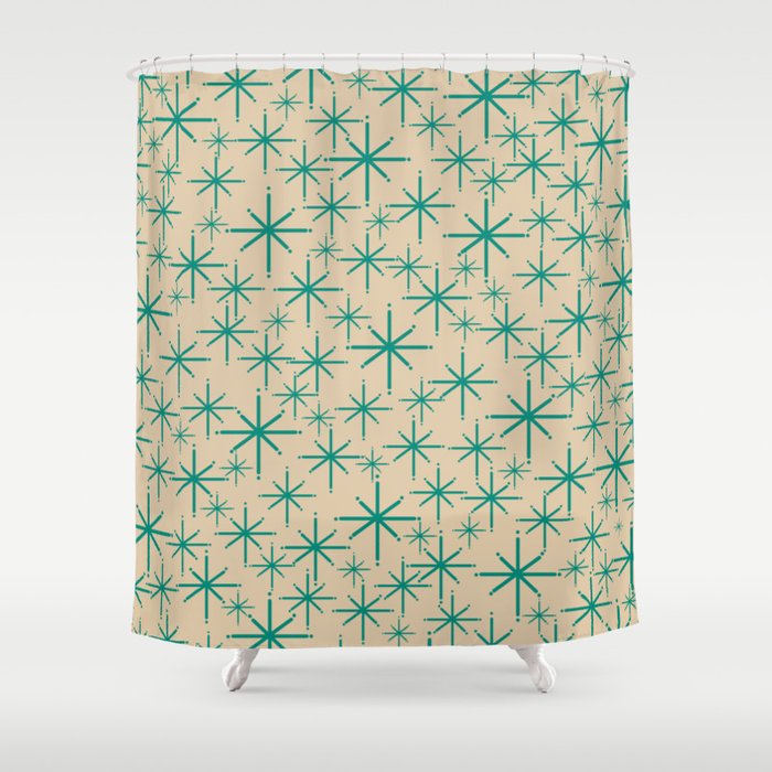 Stella 2 - Atomic Age Starbursts - Midcentury Modern Pattern in Turquoise Teal and Mid Mod Beige Shower Curtain Gallery Image 1