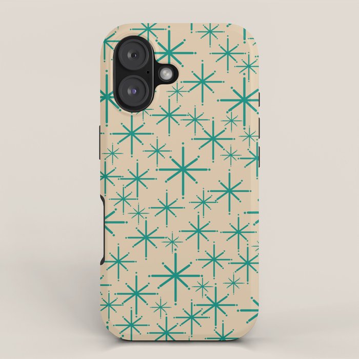 Stella 2 - Atomic Age Starbursts - Midcentury Modern Pattern in Turquoise Teal and Mid Mod Beige iPhone Case Gallery Image 1