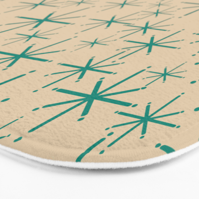 Stella 2 - Atomic Age Starbursts - Midcentury Modern Pattern in Turquoise Teal and Mid Mod Beige Bath Mat Gallery Image 3