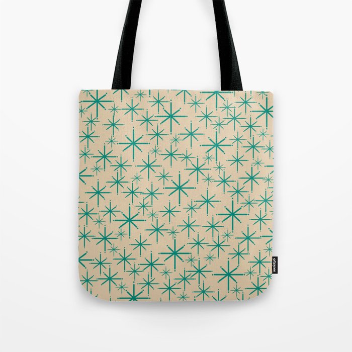 Stella 2 - Atomic Age Starbursts - Midcentury Modern Pattern in Turquoise Teal and Mid Mod Beige Tote Bag Gallery Image 1