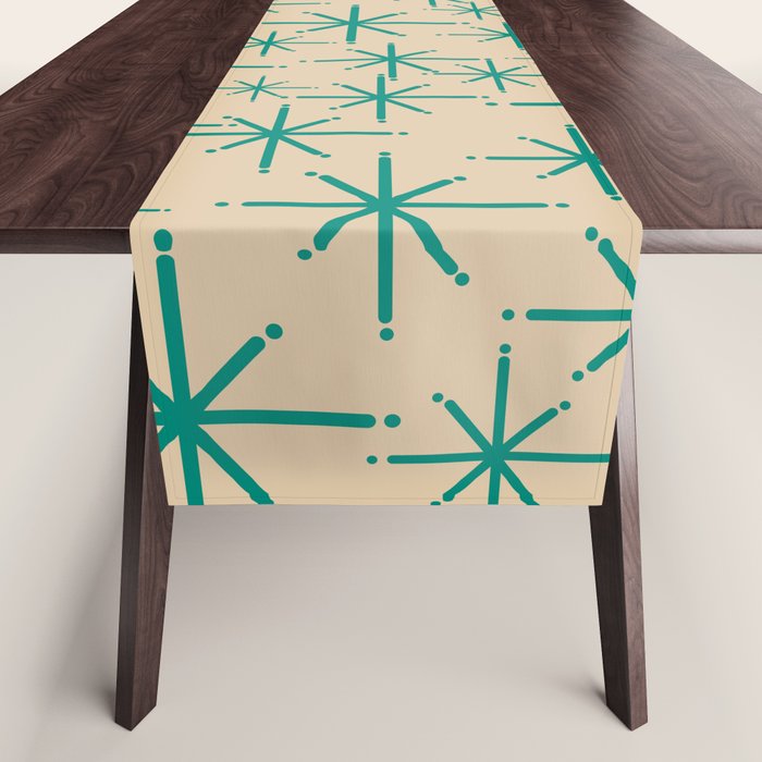 Stella 2 - Atomic Age Starbursts - Midcentury Modern Pattern in Turquoise Teal and Mid Mod Beige Table Runner Gallery Image 1