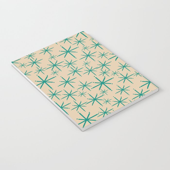 Stella 2 - Atomic Age Starbursts - Midcentury Modern Pattern in Turquoise Teal and Mid Mod Beige Notebook Gallery Image 3