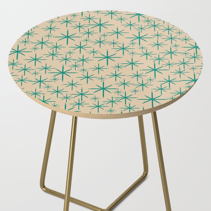 Stella 2 - Atomic Age Starbursts - Midcentury Modern Pattern in Turquoise Teal and Mid Mod Beige Side Table Gallery Image 2
