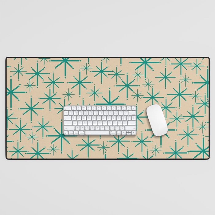 Stella 2 - Atomic Age Starbursts - Midcentury Modern Pattern in Turquoise Teal and Mid Mod Beige Desk Mat Gallery Image 1