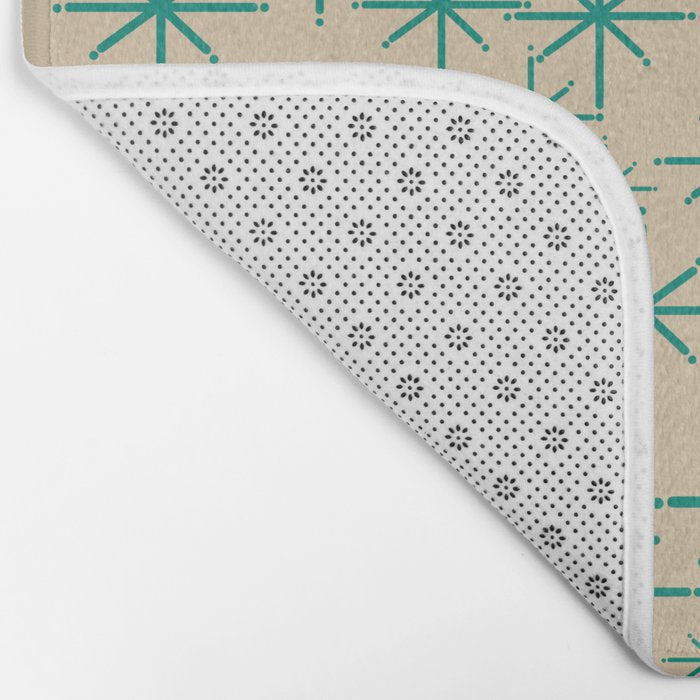 Stella 2 - Atomic Age Starbursts - Midcentury Modern Pattern in Turquoise Teal and Mid Mod Beige Bath Mat Gallery Image 2
