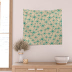 Stella 2 - Atomic Age Starbursts - Midcentury Modern Pattern in Turquoise Teal and Mid Mod Beige Wall Tapestry Gallery Image 2