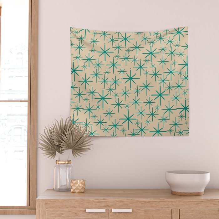 Stella 2 - Atomic Age Starbursts - Midcentury Modern Pattern in Turquoise Teal and Mid Mod Beige Wall Tapestry Gallery Image 2