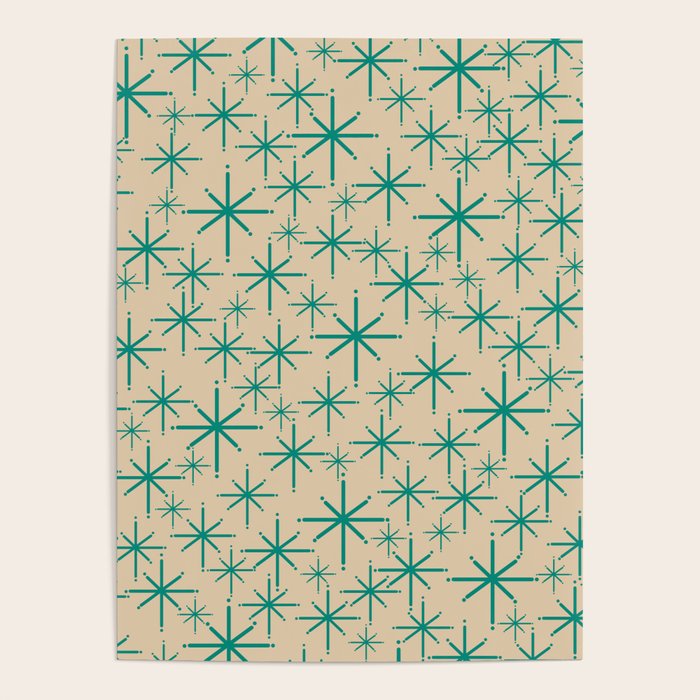 Stella 2 - Atomic Age Starbursts - Midcentury Modern Pattern in Turquoise Teal and Mid Mod Beige Poster Gallery Image 1