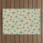 Stella 2 - Atomic Age Starbursts - Midcentury Modern Pattern in Turquoise Teal and Mid Mod Beige Outdoor Rug Gallery Image 1