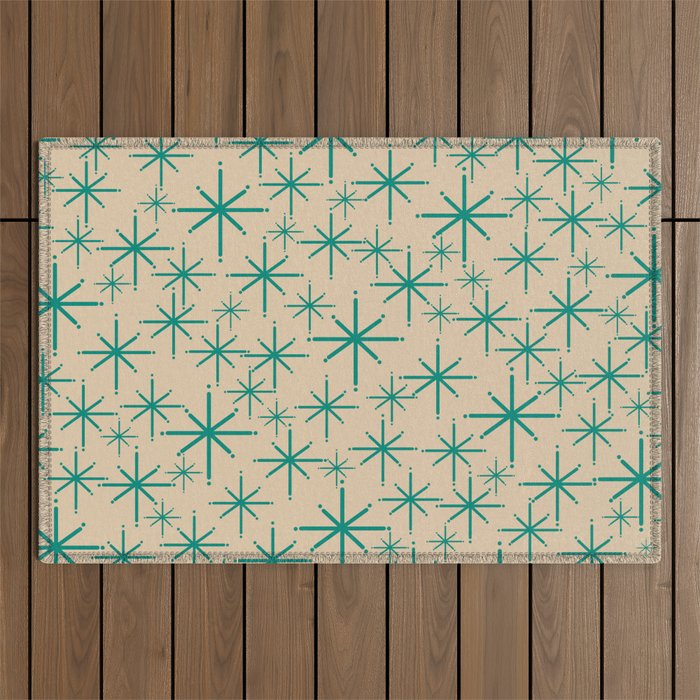 Stella 2 - Atomic Age Starbursts - Midcentury Modern Pattern in Turquoise Teal and Mid Mod Beige Outdoor Rug Gallery Image 1