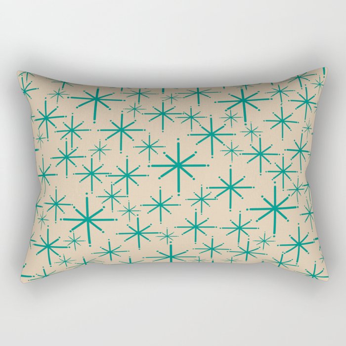 Stella 2 - Atomic Age Starbursts - Midcentury Modern Pattern in Turquoise Teal and Mid Mod Beige Rectangular Pillow Gallery Image 2
