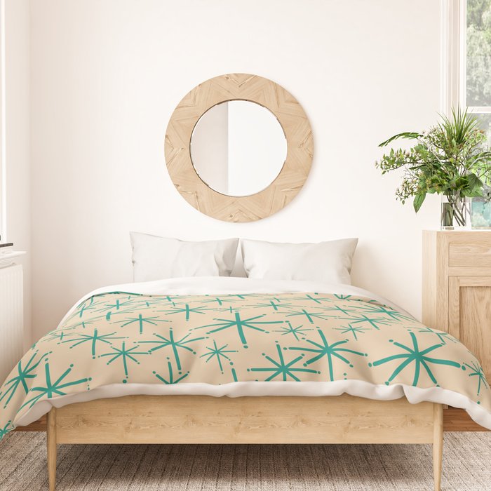 Stella 2 - Atomic Age Starbursts - Midcentury Modern Pattern in Turquoise Teal and Mid Mod Beige Duvet Cover Gallery Image 3