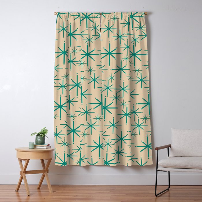 Stella 2 - Atomic Age Starbursts - Midcentury Modern Pattern in Turquoise Teal and Mid Mod Beige Window Curtain Gallery Image 5