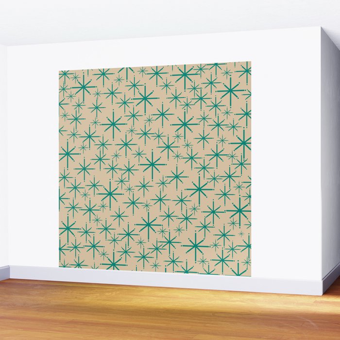 Stella 2 - Atomic Age Starbursts - Midcentury Modern Pattern in Turquoise Teal and Mid Mod Beige Wall Mural Gallery Image 2