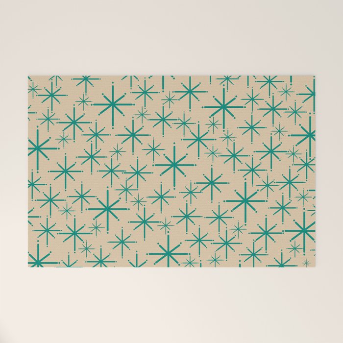 Stella 2 - Atomic Age Starbursts - Midcentury Modern Pattern in Turquoise Teal and Mid Mod Beige Welcome Mat Gallery Image 1
