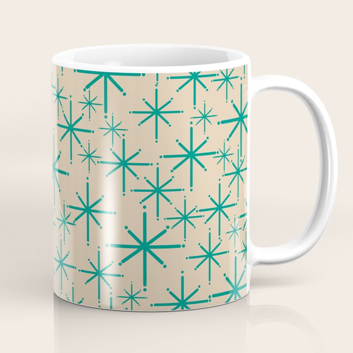 Stella 2 - Atomic Age Starbursts - Midcentury Modern Pattern in Turquoise Teal and Mid Mod Beige Coffee Mug Gallery Image 1