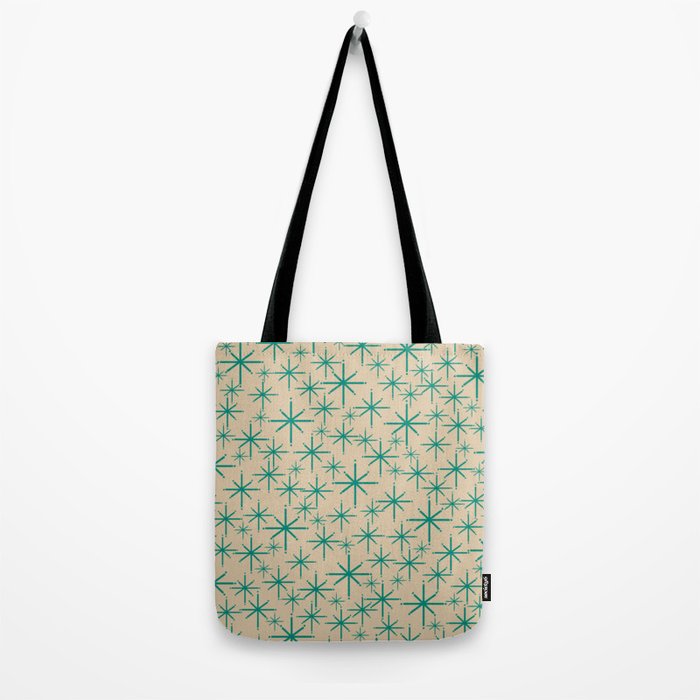 Stella 2 - Atomic Age Starbursts - Midcentury Modern Pattern in Turquoise Teal and Mid Mod Beige Tote Bag Gallery Image 2