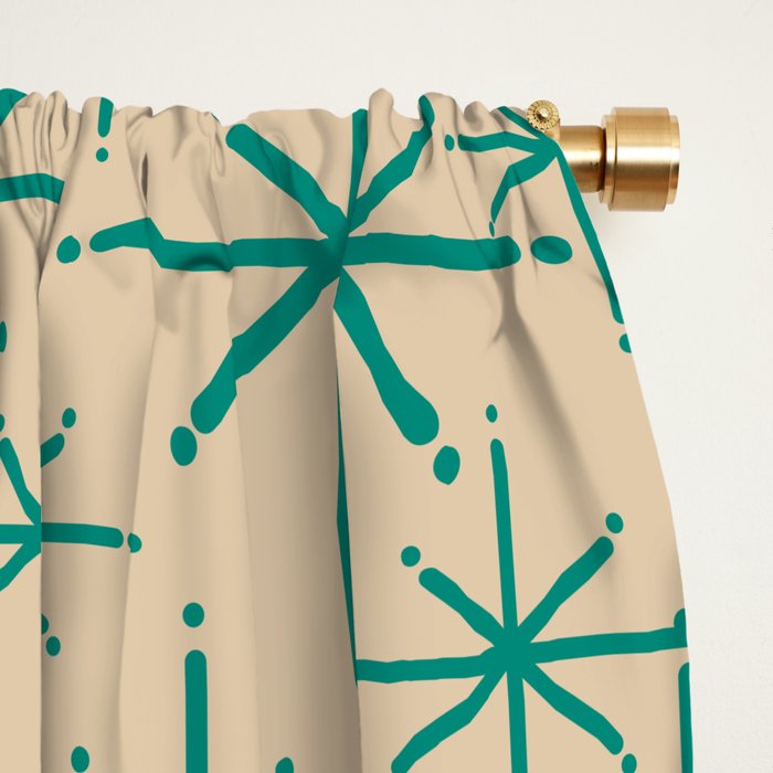 Stella 2 - Atomic Age Starbursts - Midcentury Modern Pattern in Turquoise Teal and Mid Mod Beige Window Curtain Gallery Image 2