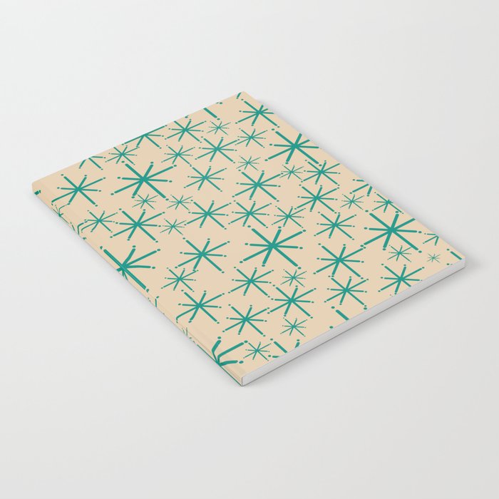 Stella 2 - Atomic Age Starbursts - Midcentury Modern Pattern in Turquoise Teal and Mid Mod Beige Notebook Gallery Image 1