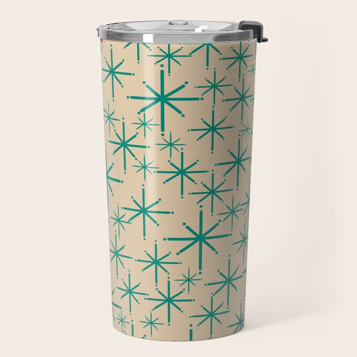 Stella 2 - Atomic Age Starbursts - Midcentury Modern Pattern in Turquoise Teal and Mid Mod Beige Travel Mug Gallery Image 2