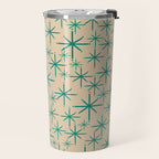 Stella 2 - Atomic Age Starbursts - Midcentury Modern Pattern in Turquoise Teal and Mid Mod Beige Travel Mug Gallery Image 2