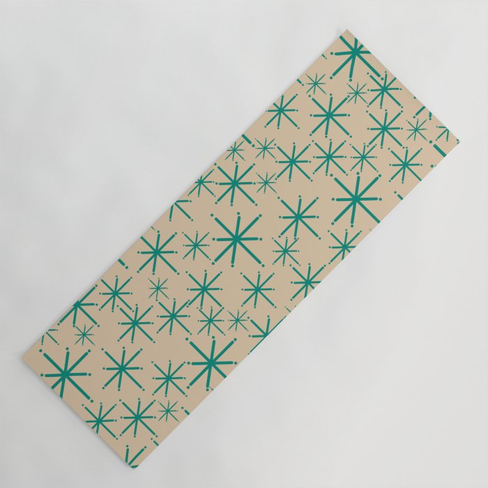 Stella 2 - Atomic Age Starbursts - Midcentury Modern Pattern in Turquoise Teal and Mid Mod Beige Yoga Mat Gallery Image 1