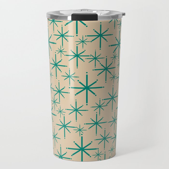 Stella 2 - Atomic Age Starbursts - Midcentury Modern Pattern in Turquoise Teal and Mid Mod Beige Travel Mug Gallery Image 1