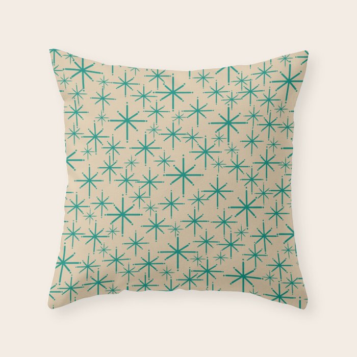 Stella 2 - Atomic Age Starbursts - Midcentury Modern Pattern in Turquoise Teal and Mid Mod Beige Throw Pillow Gallery Image 6