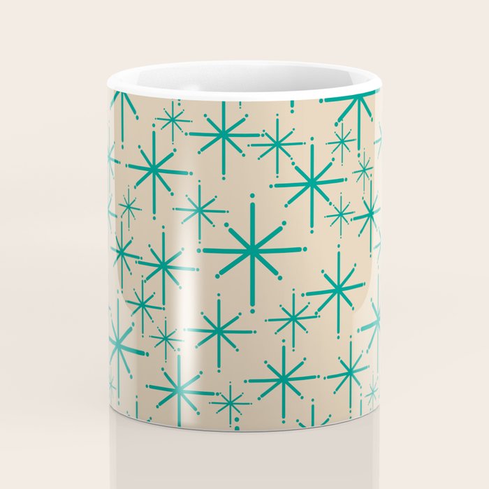 Stella 2 - Atomic Age Starbursts - Midcentury Modern Pattern in Turquoise Teal and Mid Mod Beige Coffee Mug Gallery Image 4