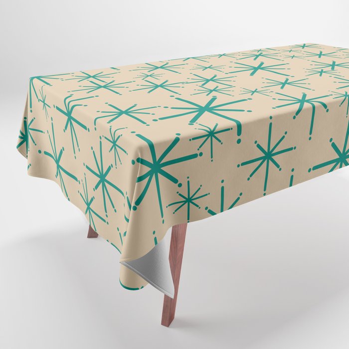 Stella 2 - Atomic Age Starbursts - Midcentury Modern Pattern in Turquoise Teal and Mid Mod Beige Tablecloth Gallery Image 1