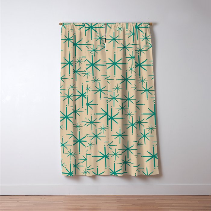 Stella 2 - Atomic Age Starbursts - Midcentury Modern Pattern in Turquoise Teal and Mid Mod Beige Window Curtain Gallery Image 3