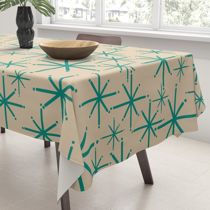 Stella 2 - Atomic Age Starbursts - Midcentury Modern Pattern in Turquoise Teal and Mid Mod Beige Tablecloth Gallery Image 3
